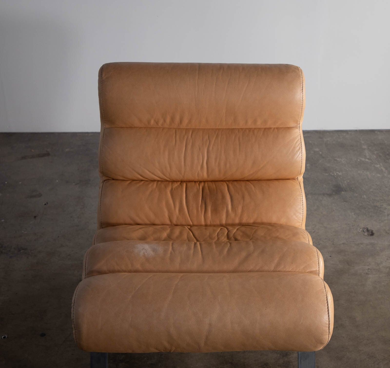 Vintage Tan Leather Armless Lounge Chair - Thumbnail 6