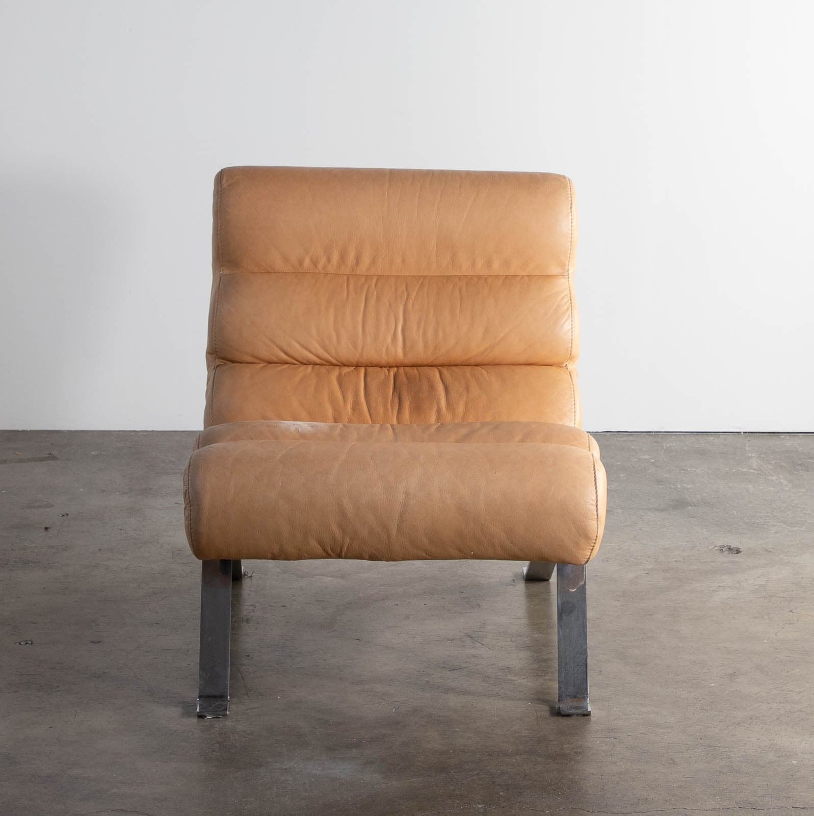 Vintage Tan Leather Armless Lounge Chair - Thumbnail 5