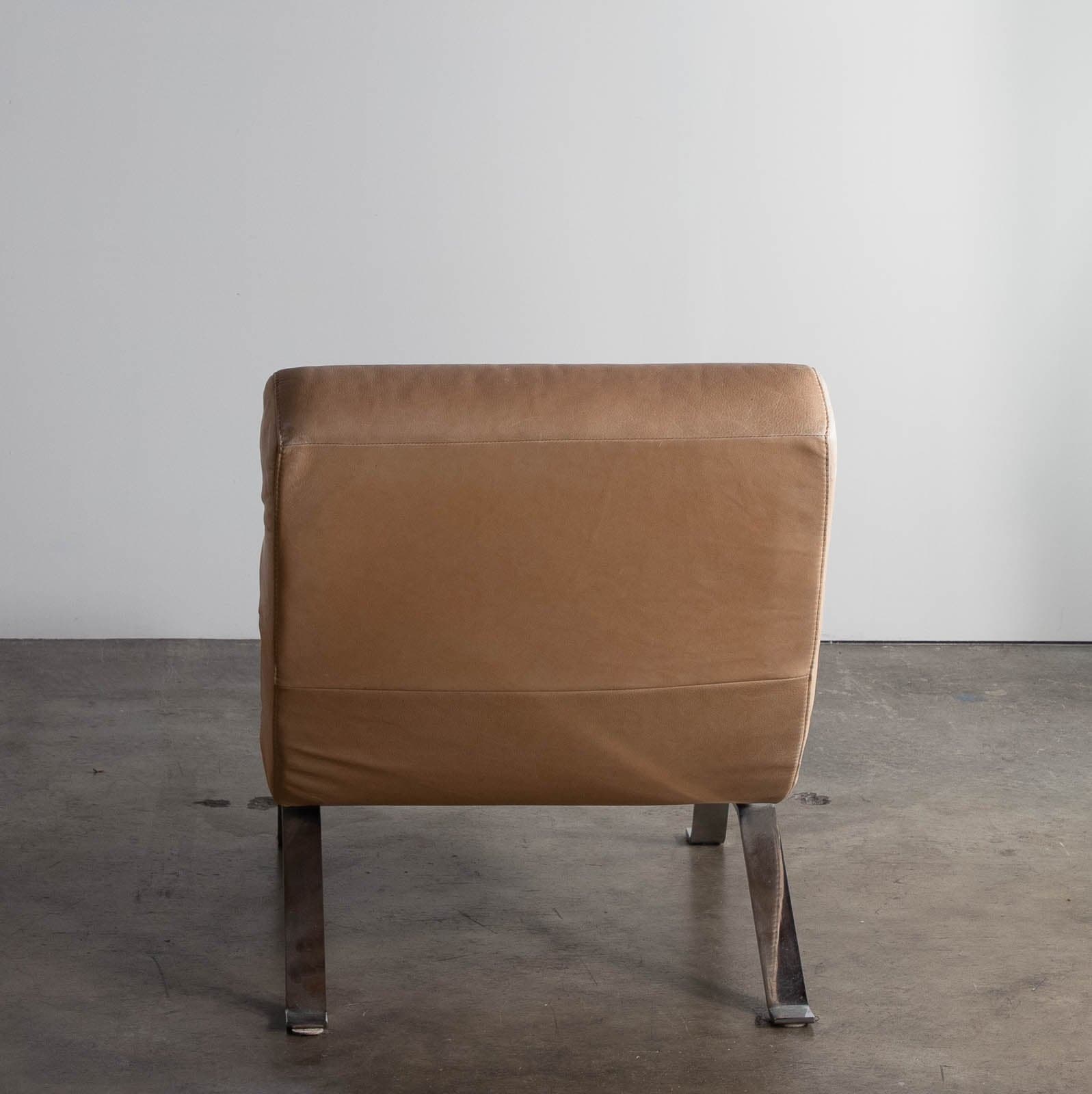 Vintage Tan Leather Armless Lounge Chair - Thumbnail 4