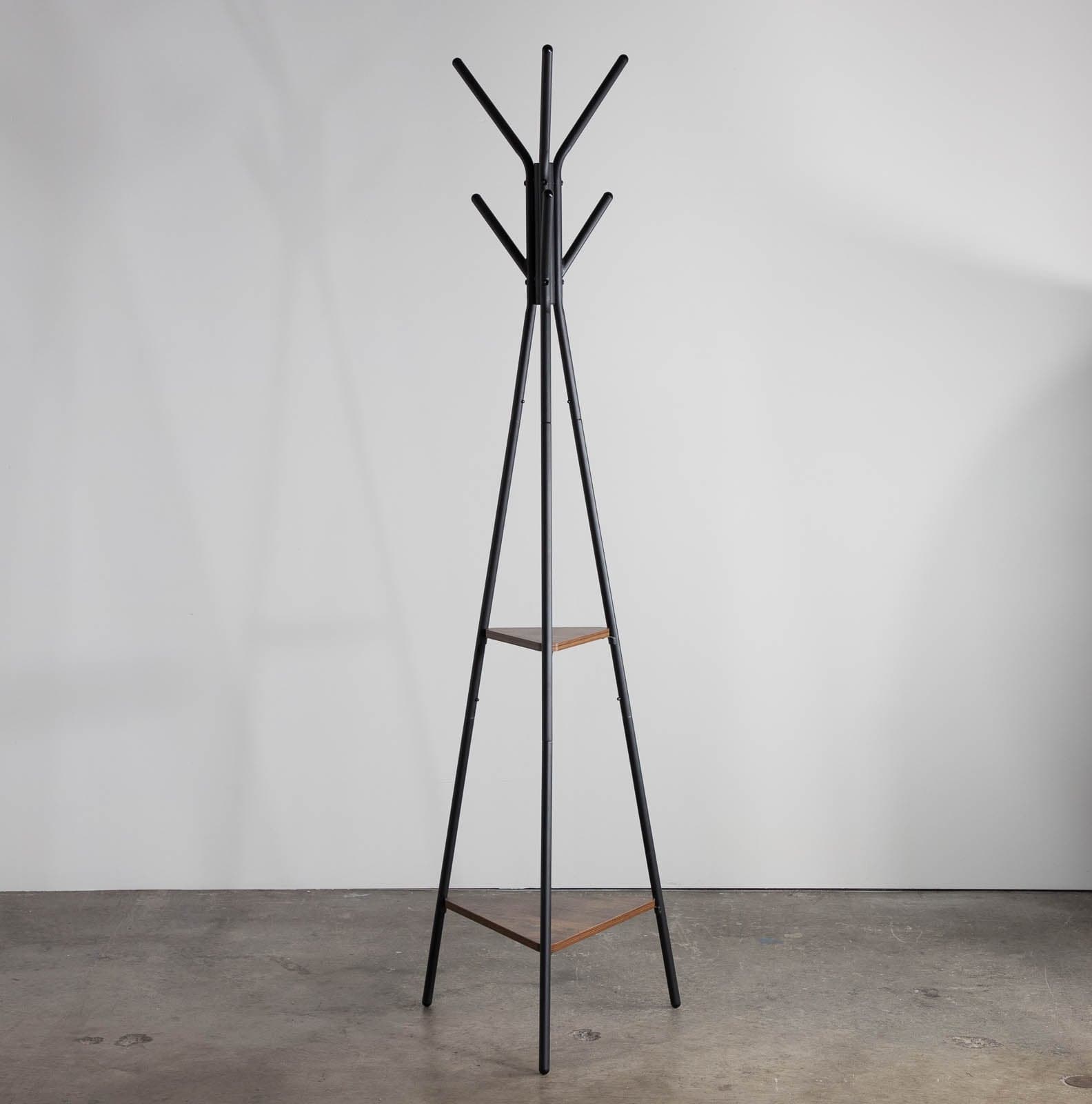 Metal Triangular Coat Rack with 2 Wood Shelves - Image 1