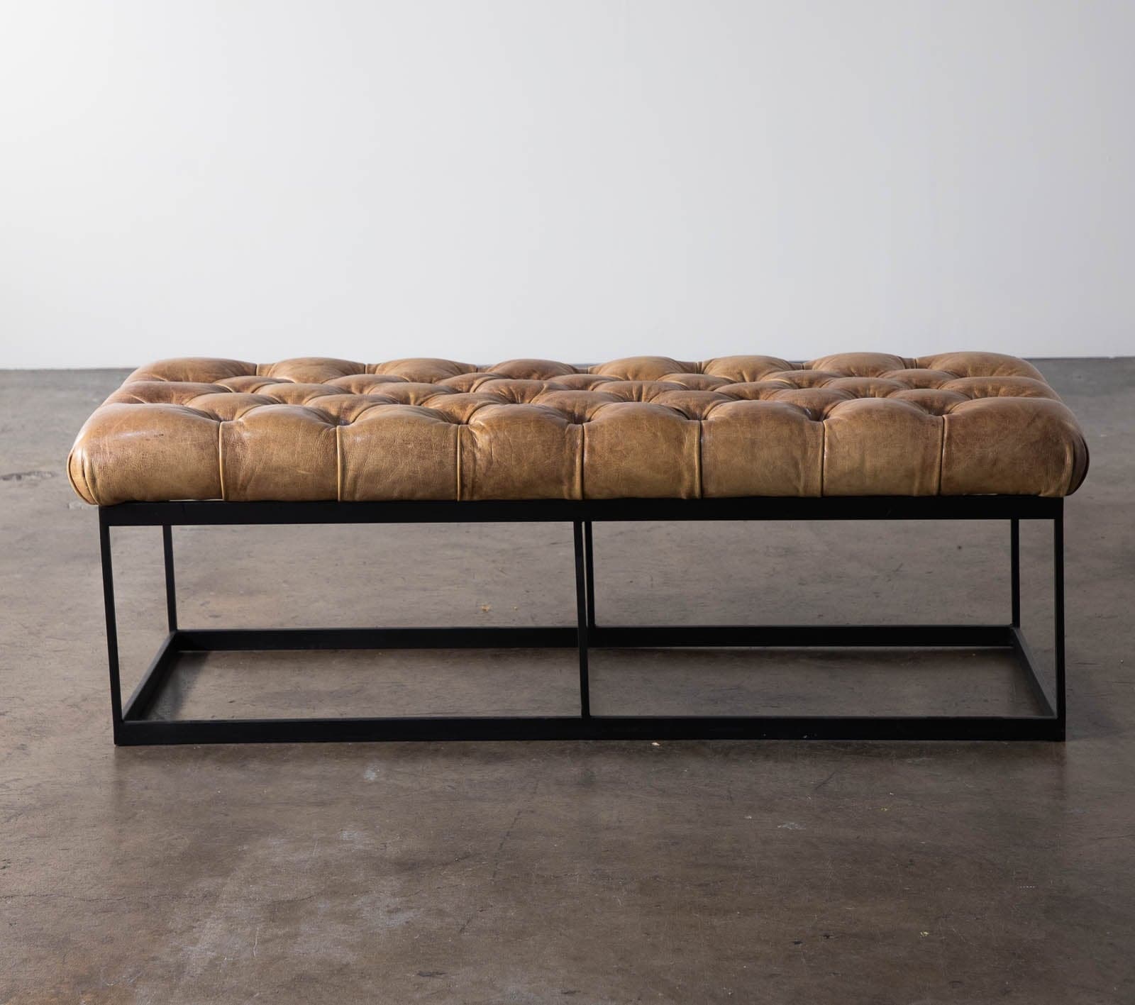Restoration Hardware Tufted Leather Bench with Metal Base - Thumbnail 2