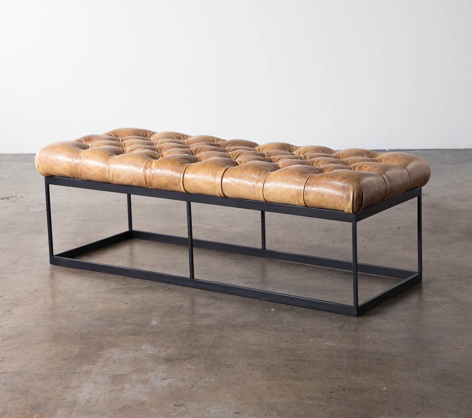 Restoration Hardware Tufted Leather Bench with Metal Base