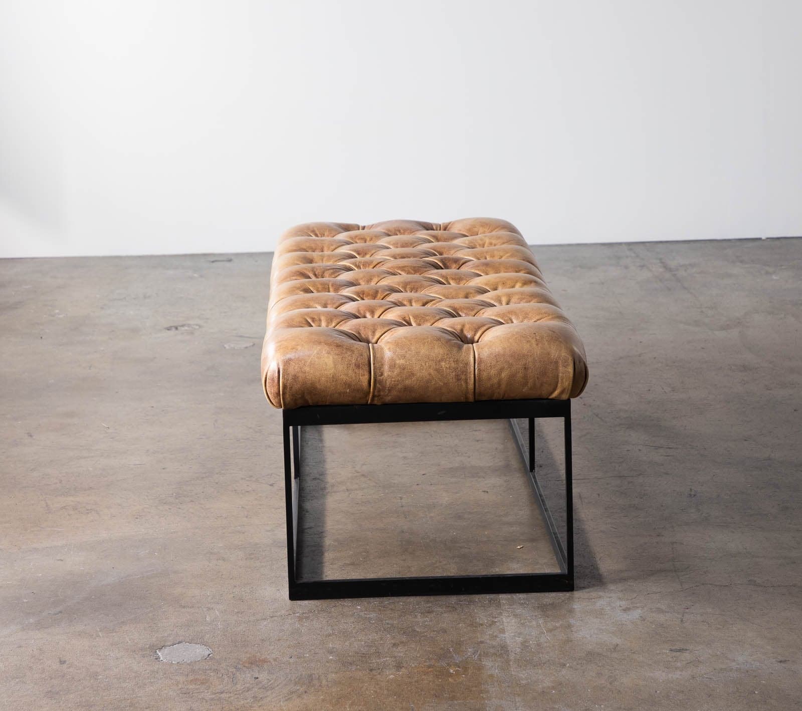 Restoration Hardware Tufted Leather Bench with Metal Base - Thumbnail 3