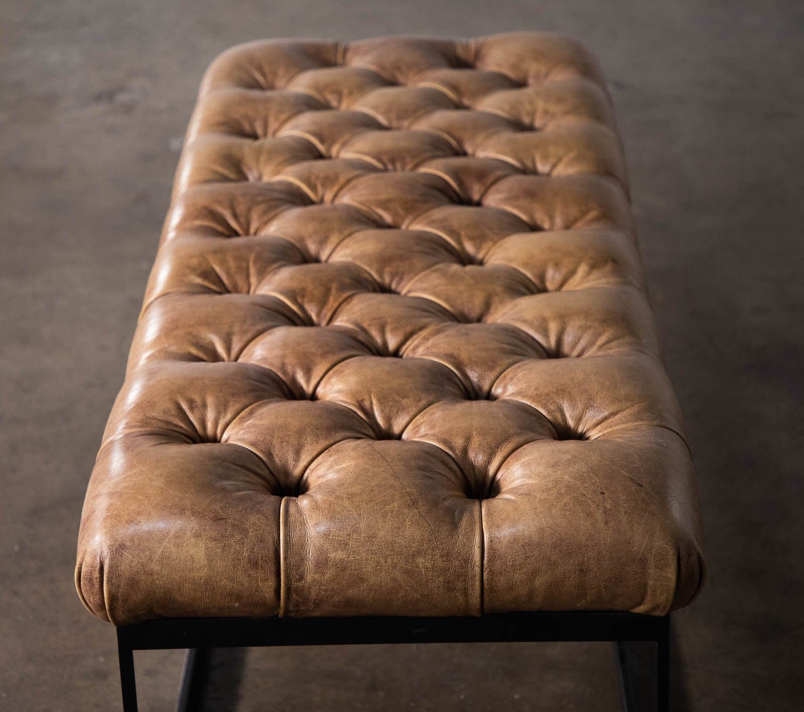 Restoration Hardware Tufted Leather Bench with Metal Base - Thumbnail 4