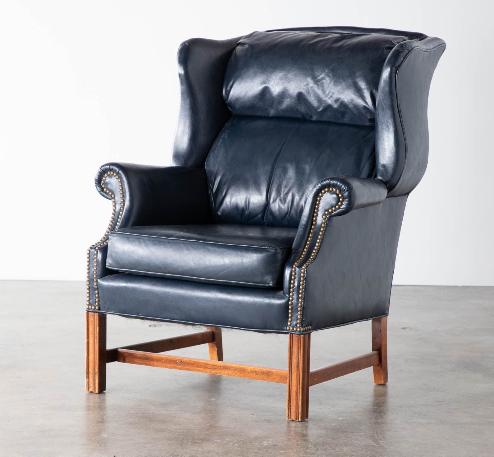 Vintage English Georgian Wingback Chair, Dark Blue Leather