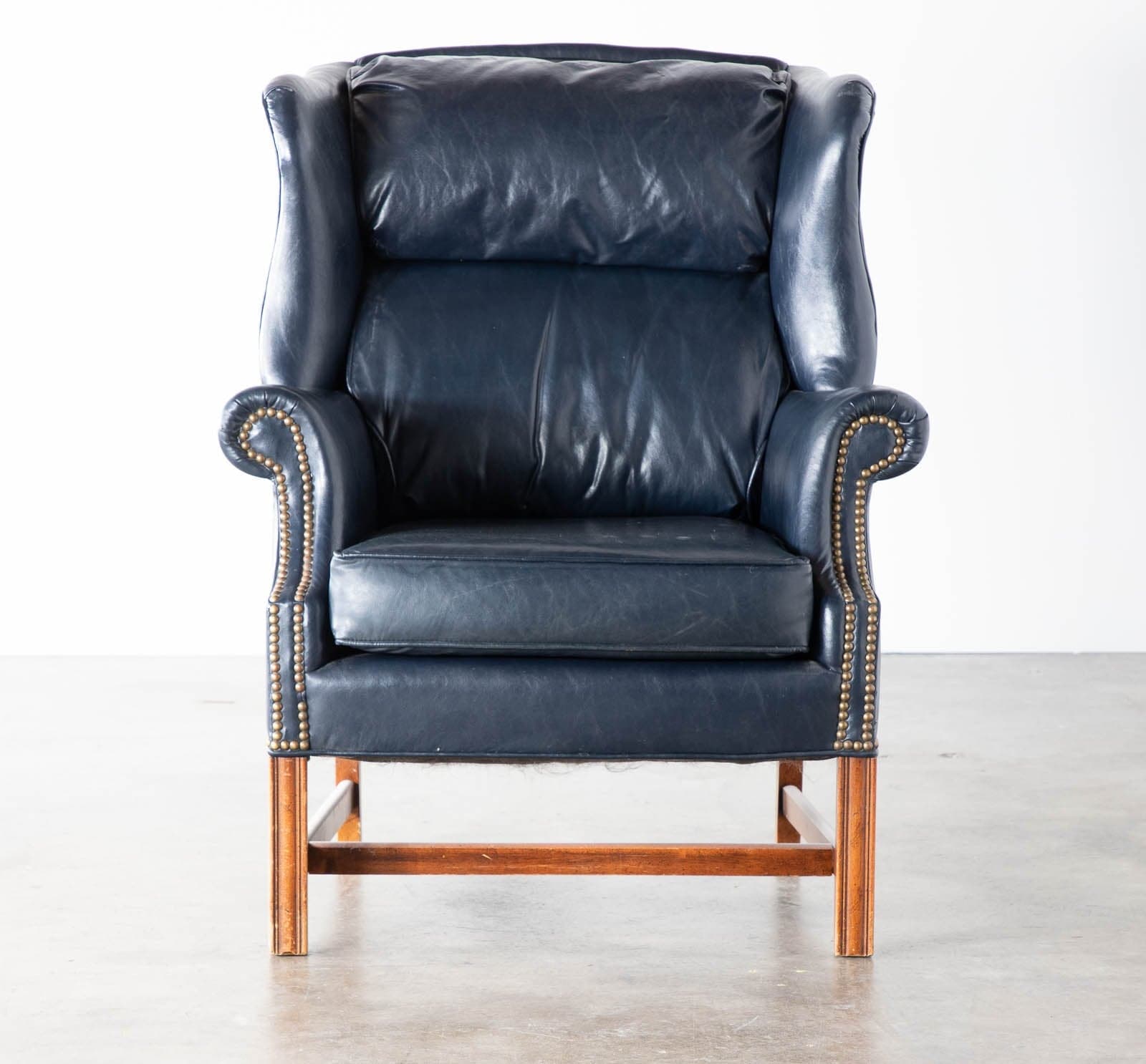 Vintage English Georgian Wingback Chair, Dark Blue Leather - Thumbnail 2