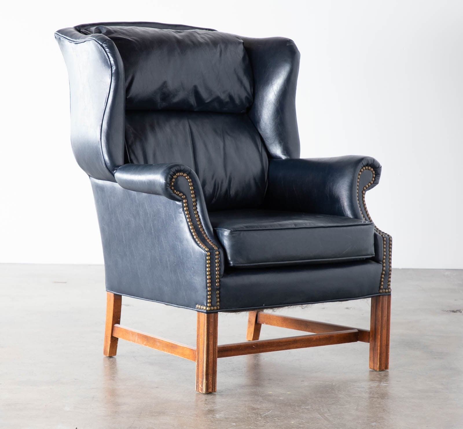 Vintage English Georgian Wingback Chair, Dark Blue Leather - Thumbnail 3