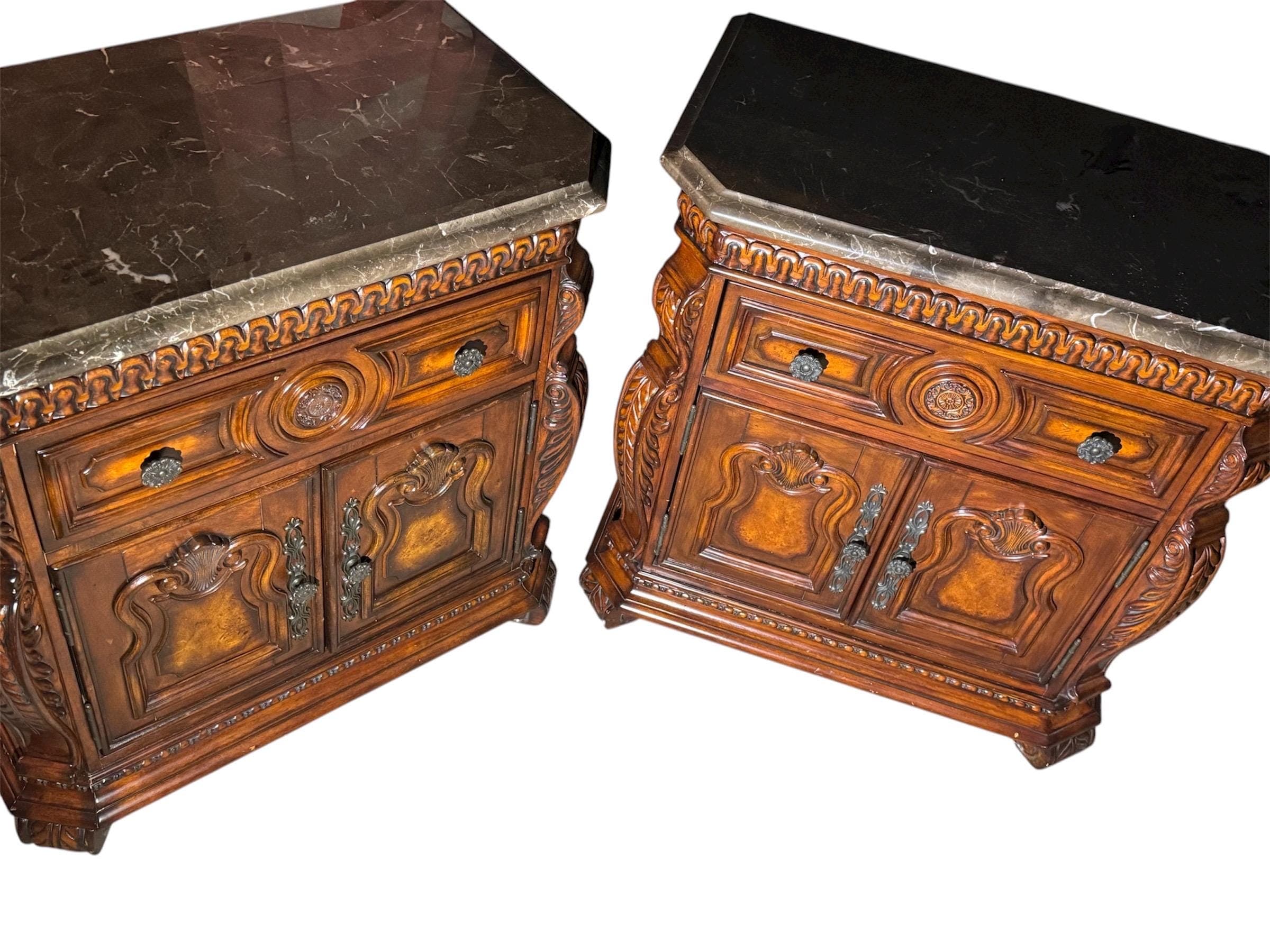 Pair of Ornate Acme Furniture Nightstands – Genuine Marble Tops & Hand-Carved Details - Thumbnail 2