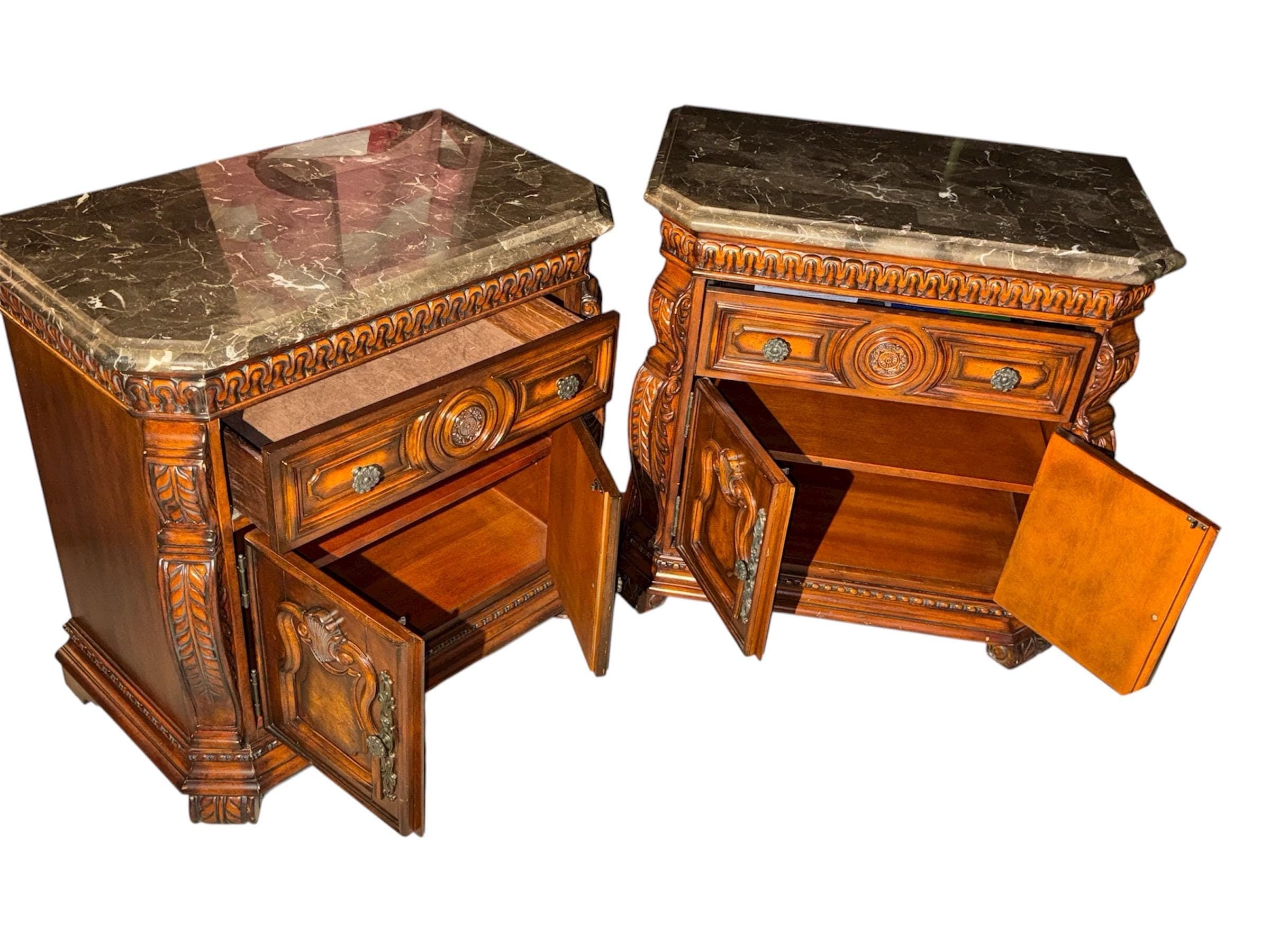 Pair of Ornate Acme Furniture Nightstands – Genuine Marble Tops & Hand-Carved Details - Thumbnail 6