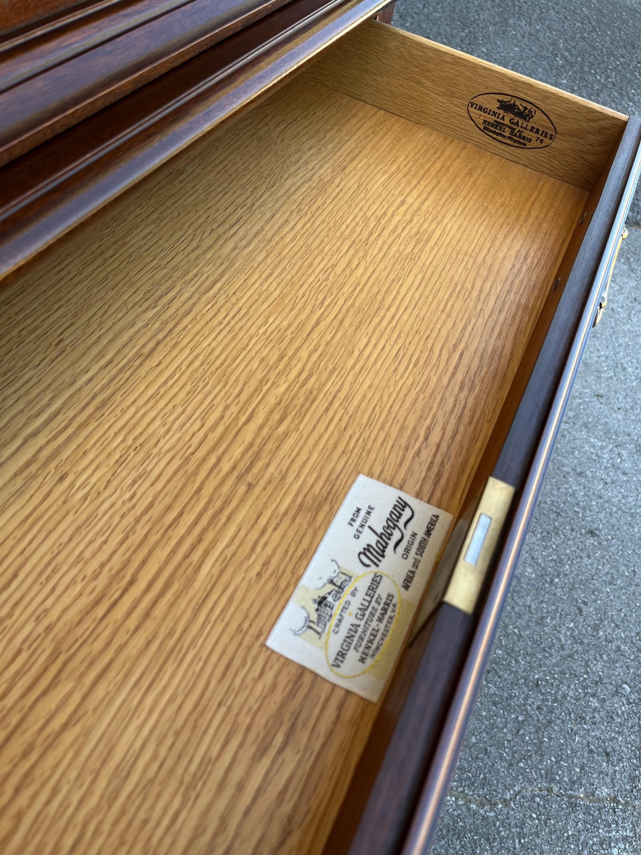 Henkel-Harris Mahogany Highboy Chest: Vintage Flame Finial, Cabriole Legs - Thumbnail 5