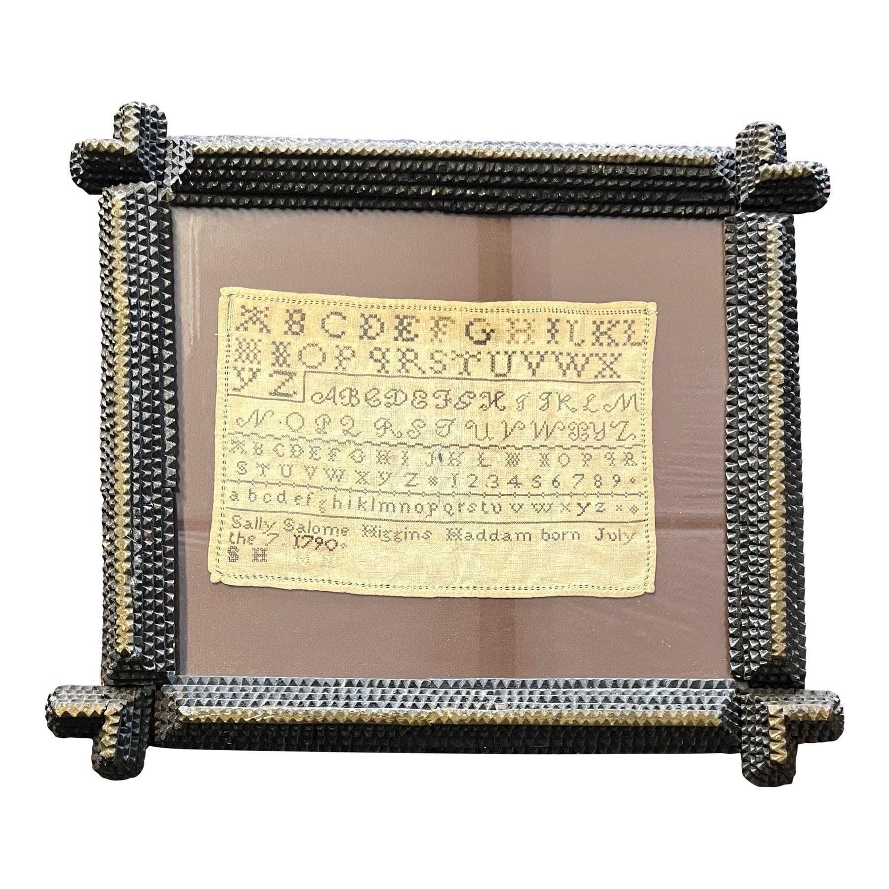 Antique Needlepoint Sampler With Tramp Art Frame