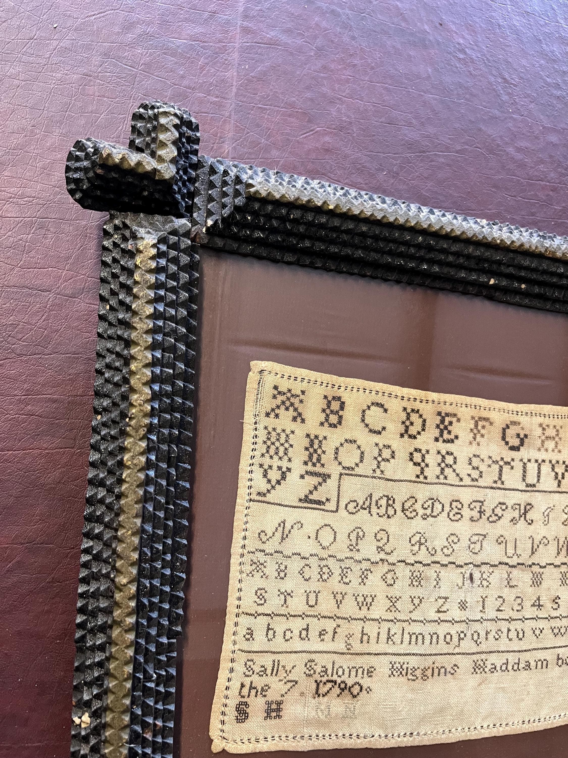 Antique Needlepoint Sampler With Tramp Art Frame - Thumbnail 2