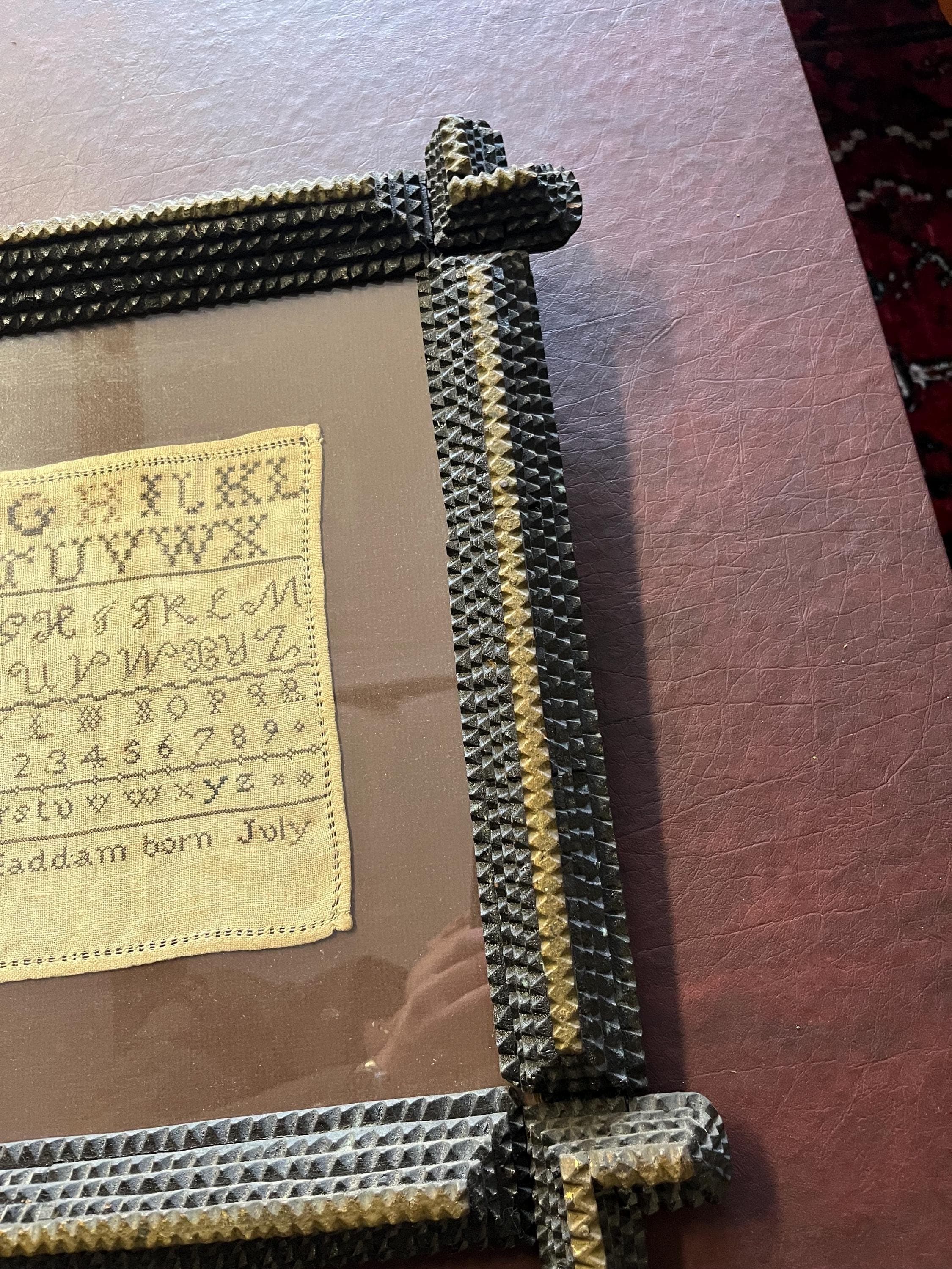 Antique Needlepoint Sampler With Tramp Art Frame - Thumbnail 4