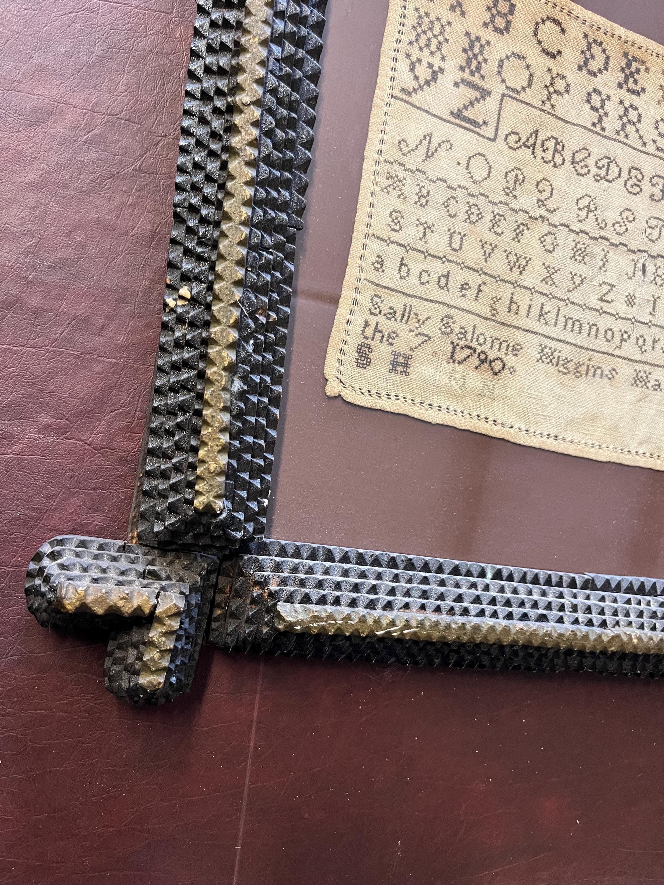 Antique Needlepoint Sampler With Tramp Art Frame - Thumbnail 9