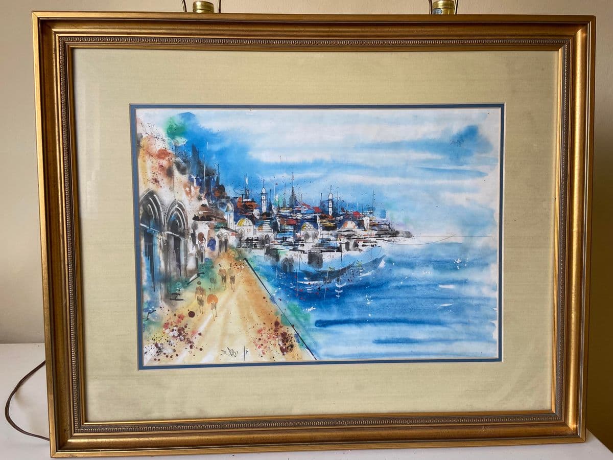 Vintage City and Seaside Watercolor Framed Original Signed Painting - Thumbnail 3