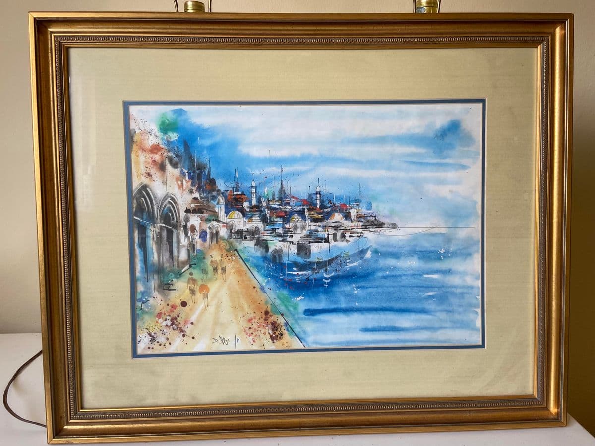 Vintage City and Seaside Watercolor Framed Original Signed Painting - Thumbnail 10