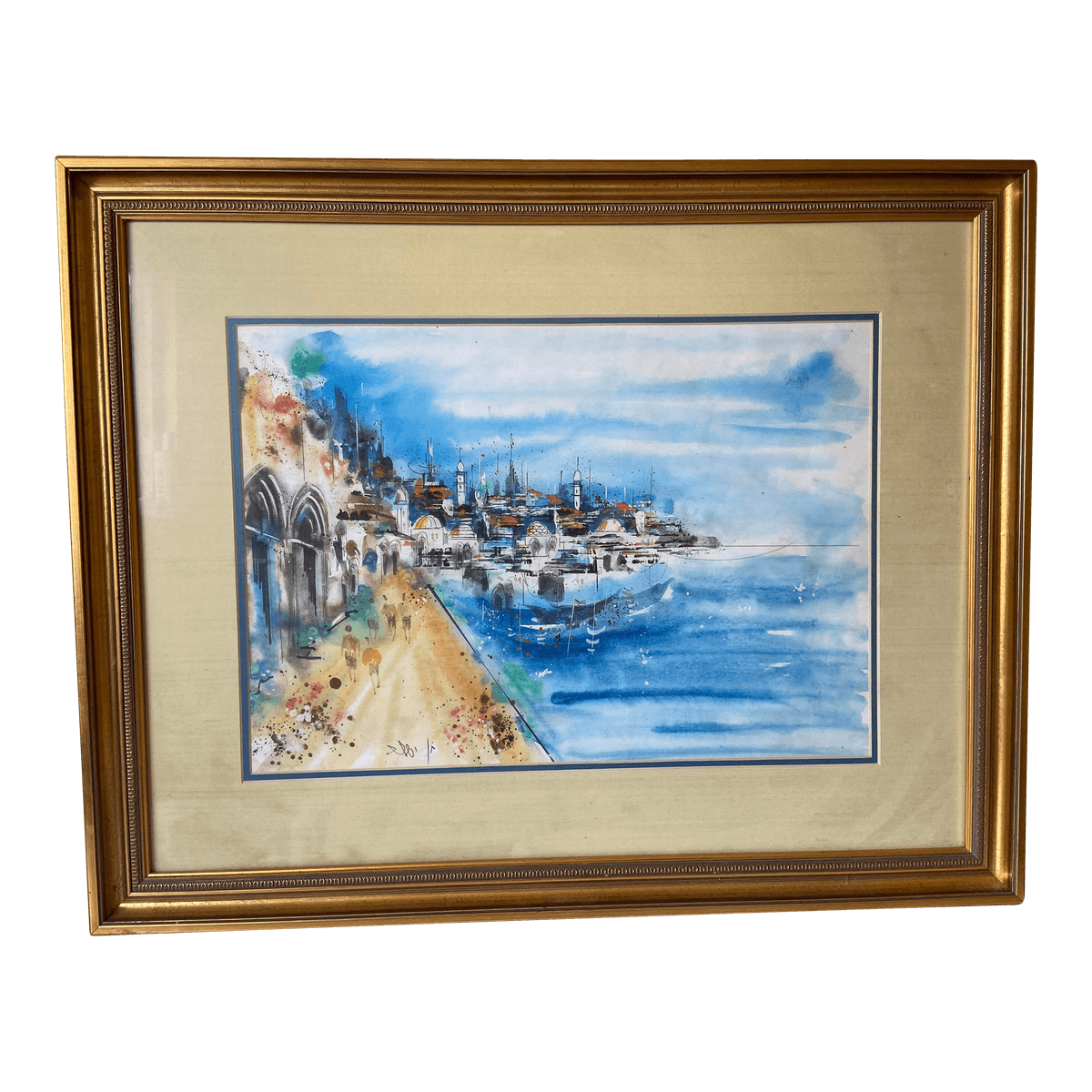 Vintage City and Seaside Watercolor Framed Original Signed Painting - Thumbnail 11