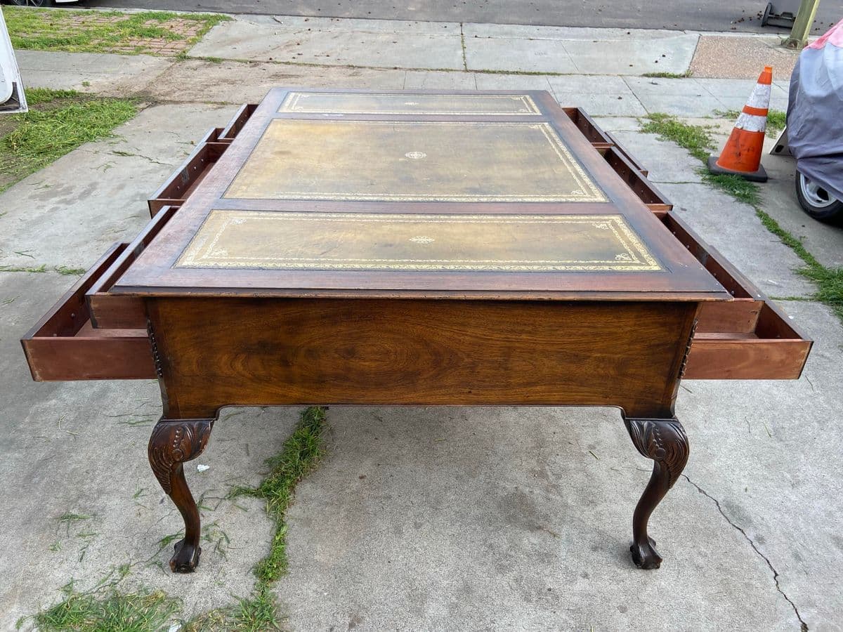 1920s Antique English Leather Top and Claw Feet Partners Writing Desk. - Thumbnail 10