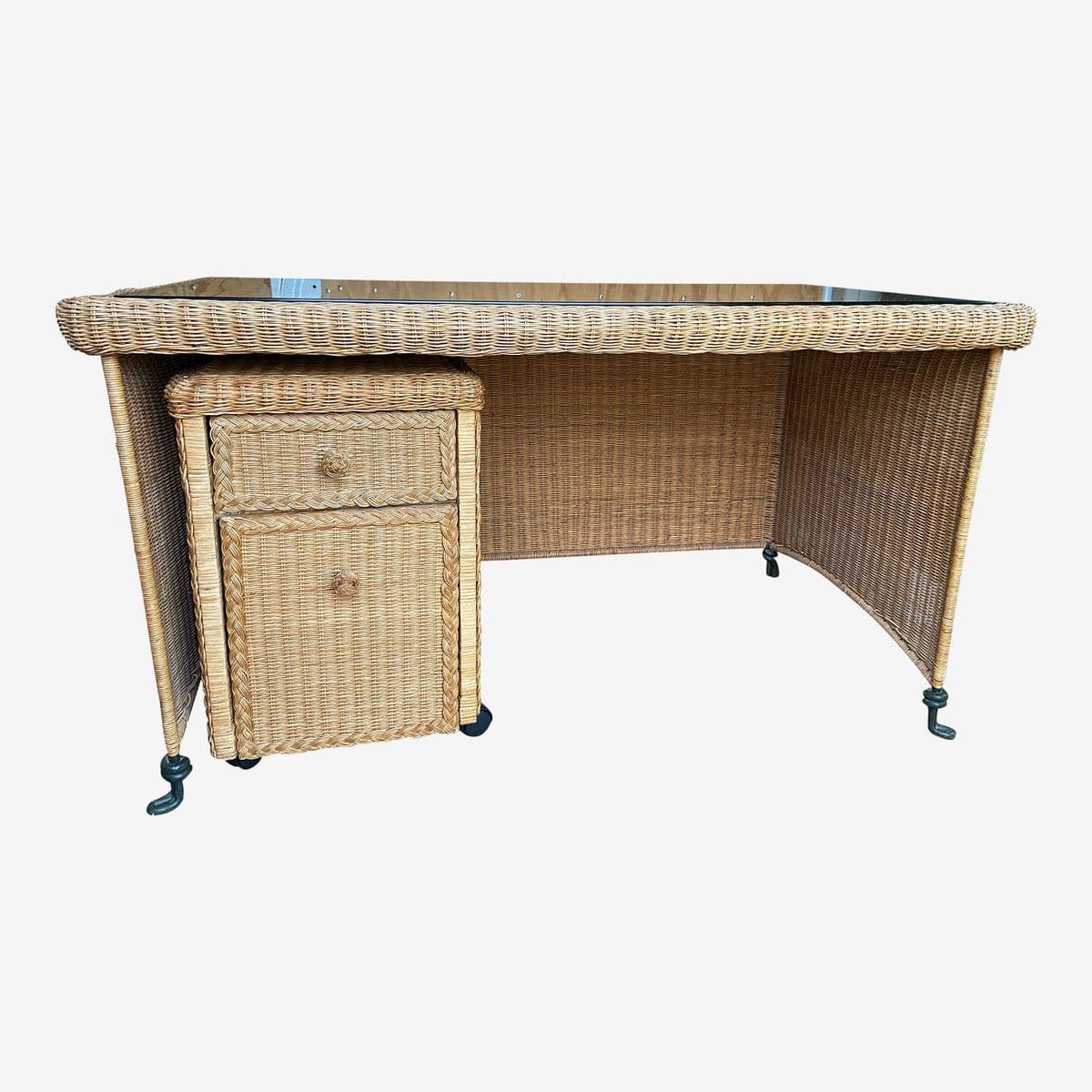 1980s Boho Chic Vintage Wicker Rattan Wrought Iron Glass Desk - Image 1