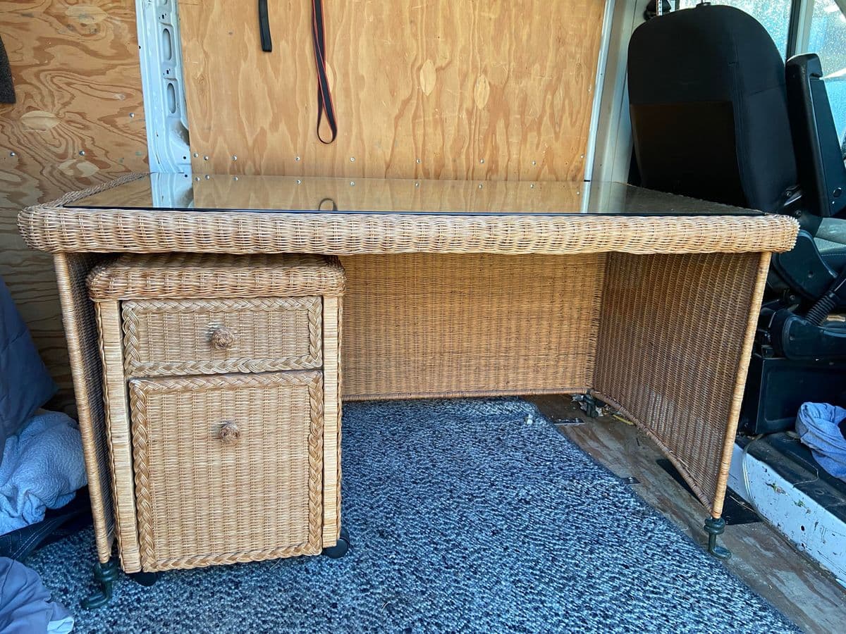 1980s Boho Chic Vintage Wicker Rattan Wrought Iron Glass Desk - Thumbnail 3