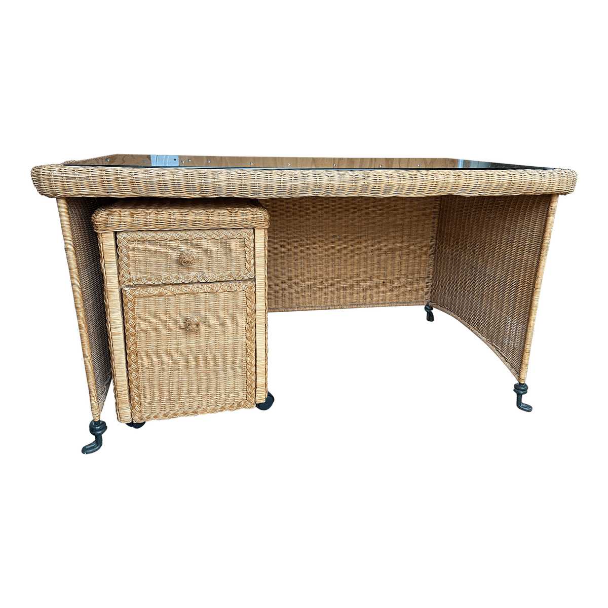 1980s Boho Chic Vintage Wicker Rattan Wrought Iron Glass Desk - Thumbnail 2