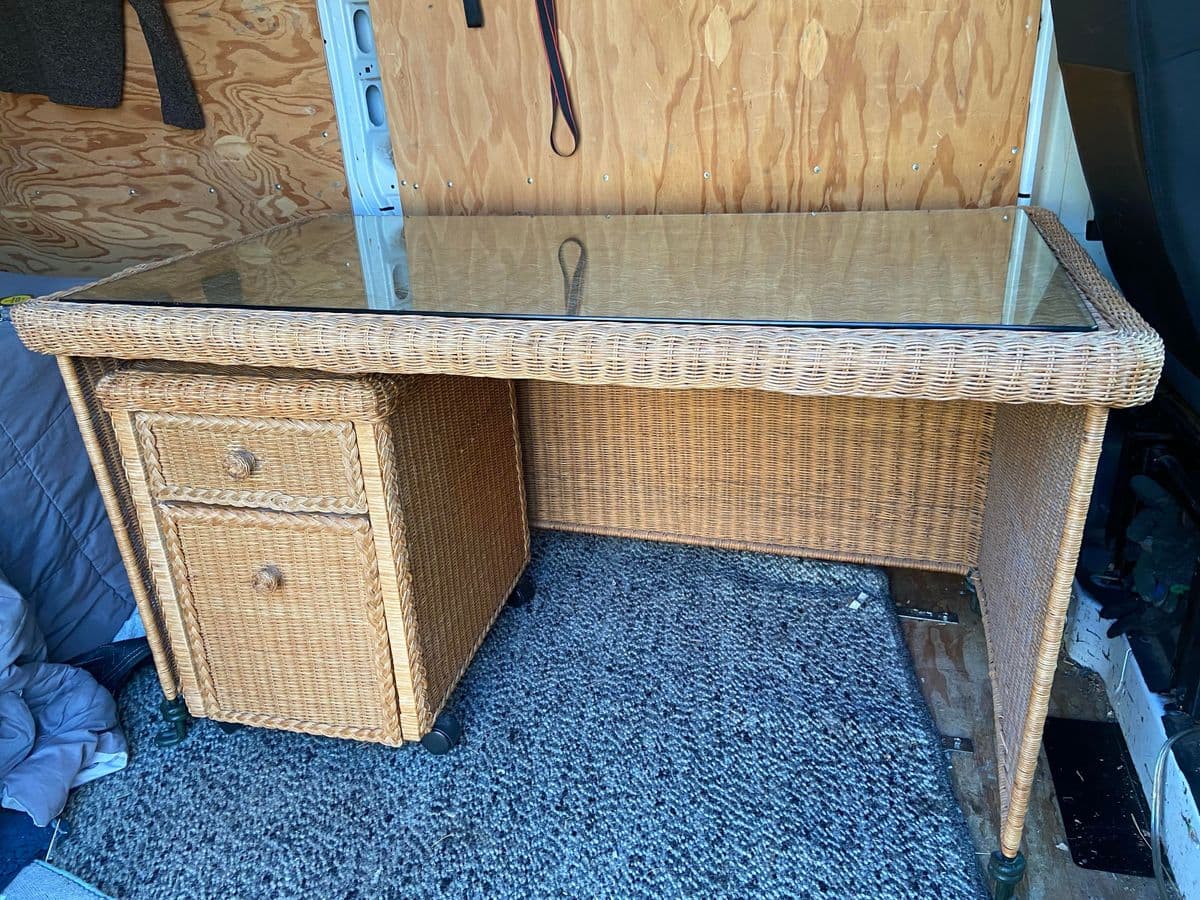 1980s Boho Chic Vintage Wicker Rattan Wrought Iron Glass Desk - Thumbnail 9