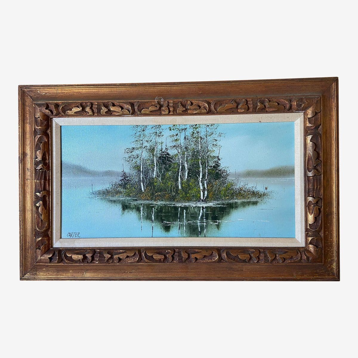 1960s Lake Scene with Trees Original Oil Painting on Canvas Signed Carter, Framed - Image 1