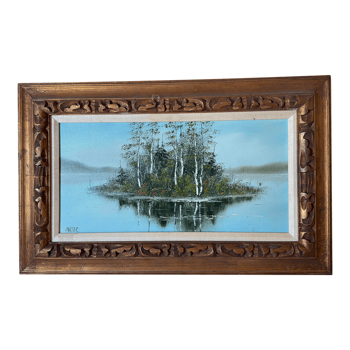 1960s Lake Scene with Trees Original Oil Painting on Canvas Signed Carter, Framed - Thumbnail 2