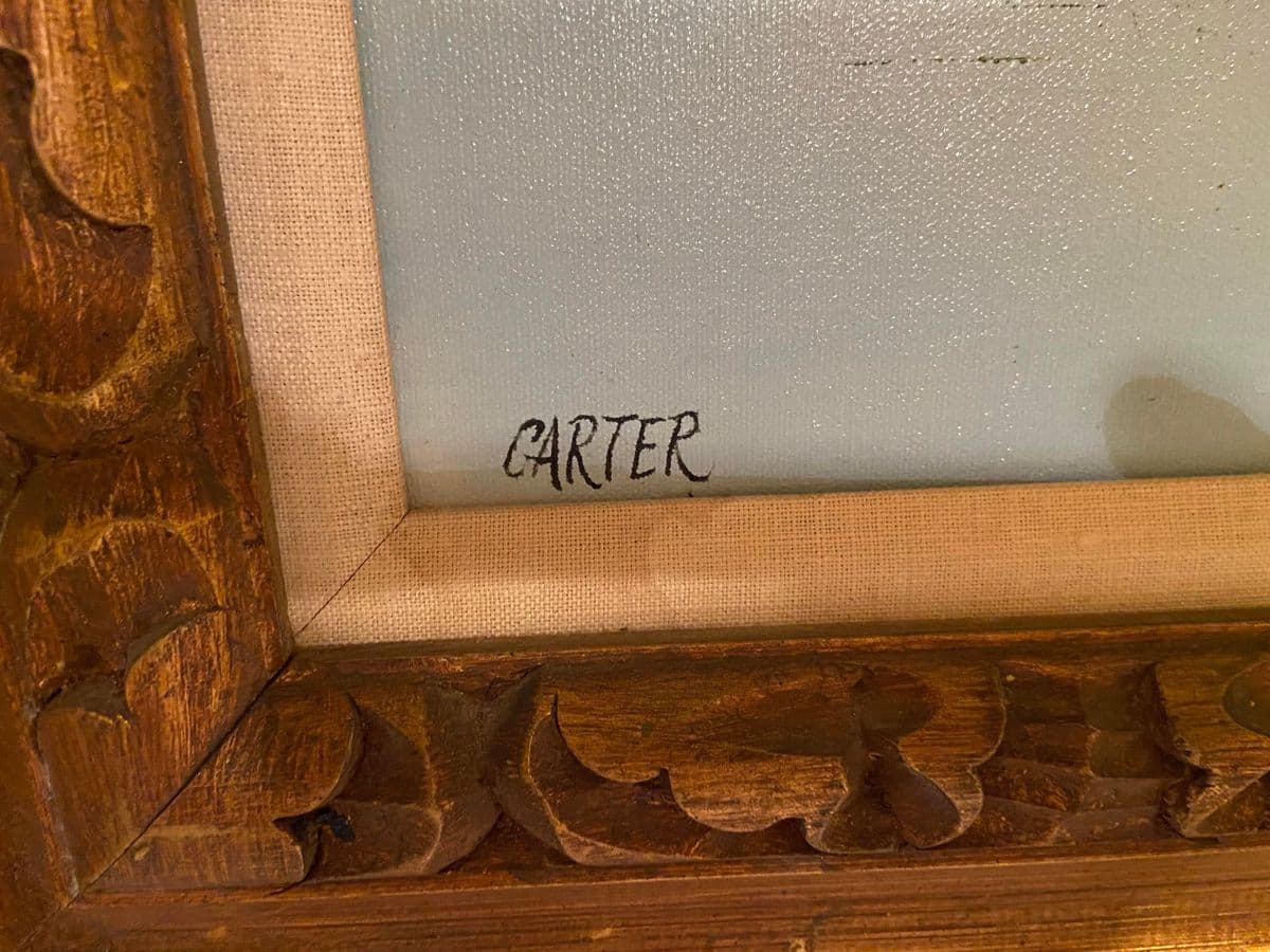 1960s Lake Scene with Trees Original Oil Painting on Canvas Signed Carter, Framed - Thumbnail 8