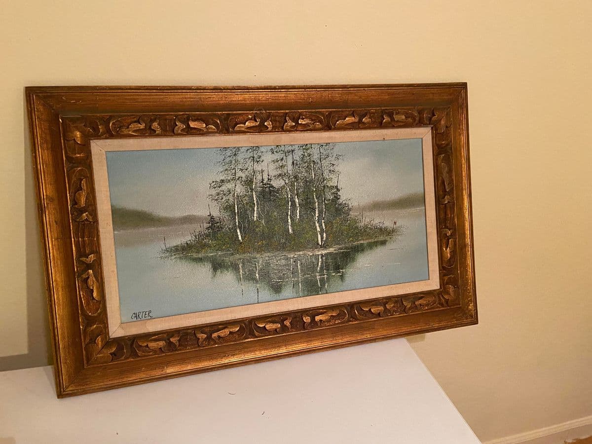 1960s Lake Scene with Trees Original Oil Painting on Canvas Signed Carter, Framed - Thumbnail 9