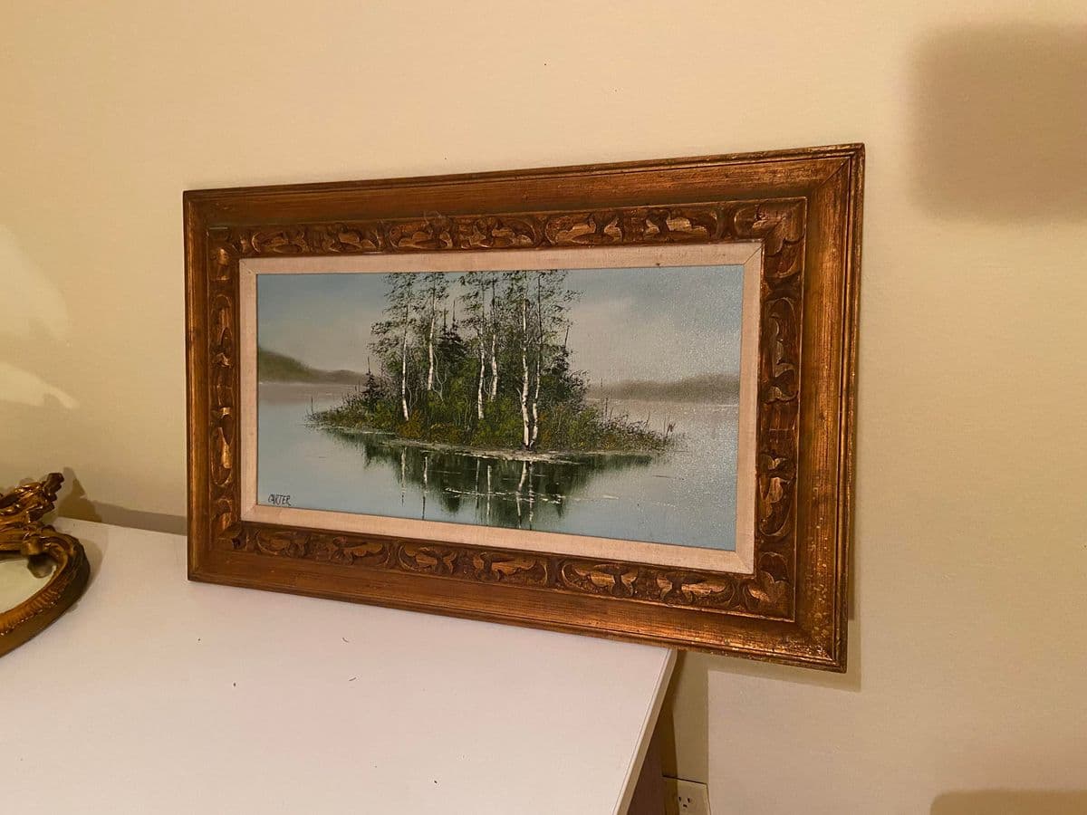 1960s Lake Scene with Trees Original Oil Painting on Canvas Signed Carter, Framed - Thumbnail 10