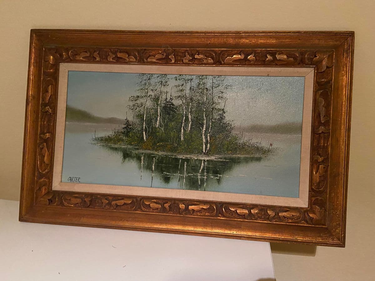 1960s Lake Scene with Trees Original Oil Painting on Canvas Signed Carter, Framed - Thumbnail 11