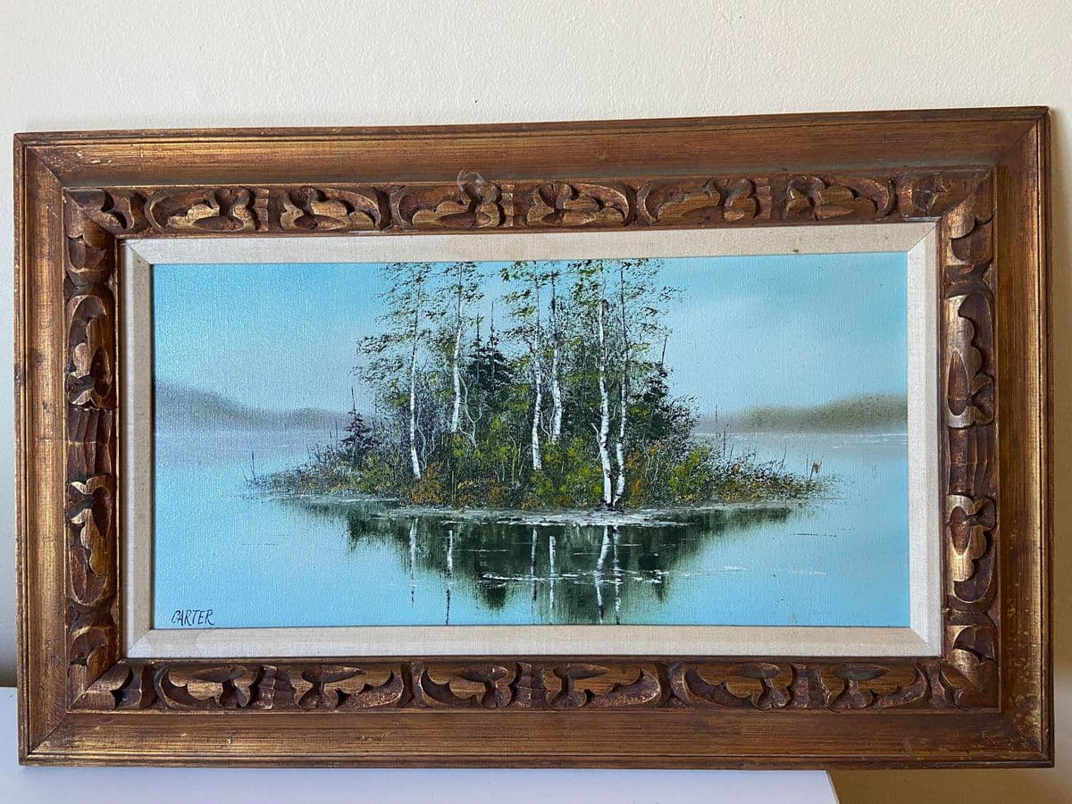 1960s Lake Scene with Trees Original Oil Painting on Canvas Signed Carter, Framed - Thumbnail 13