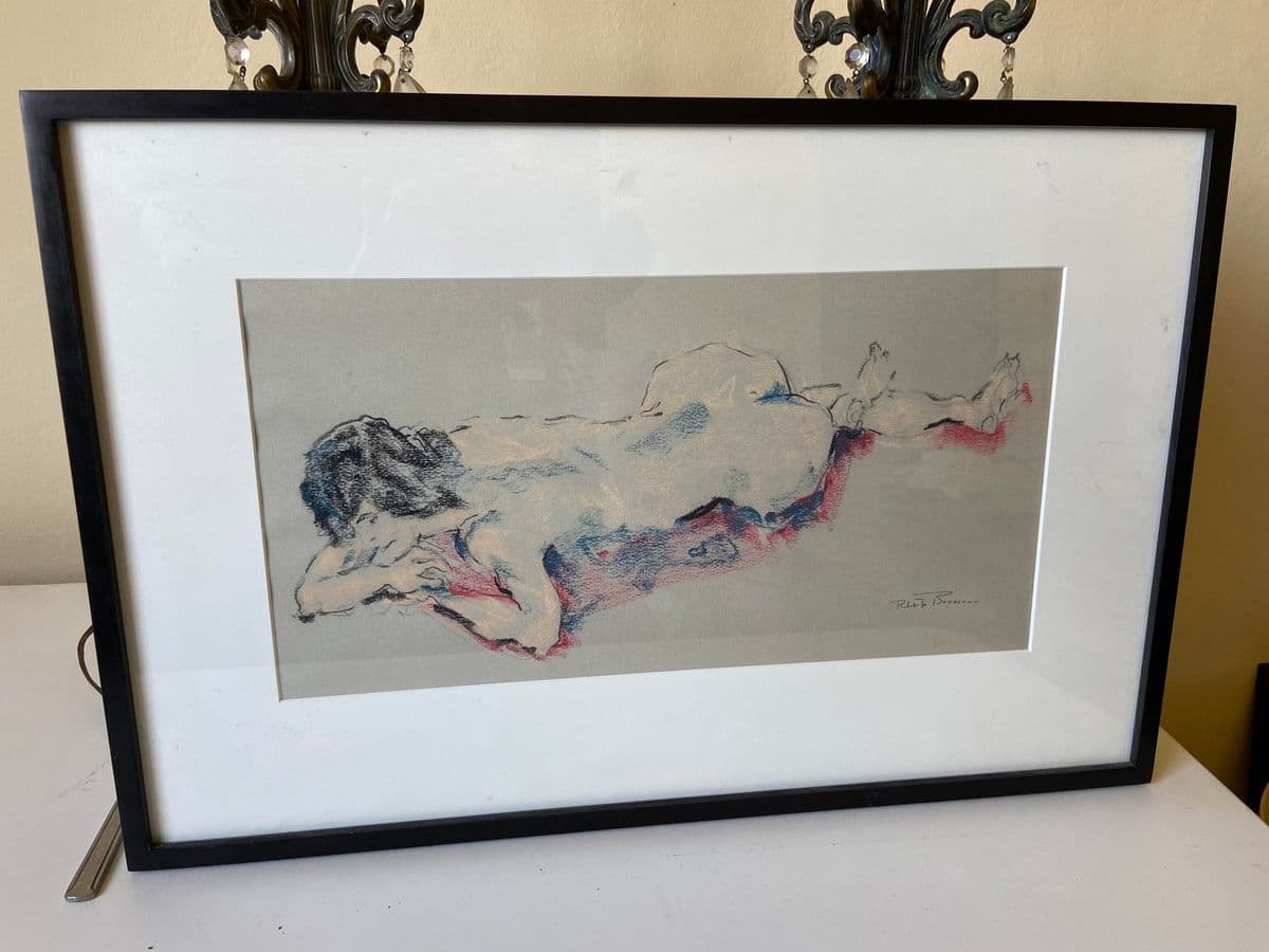 1990s Reclining Nude Mixed-Media Painting, Framed - Thumbnail 3