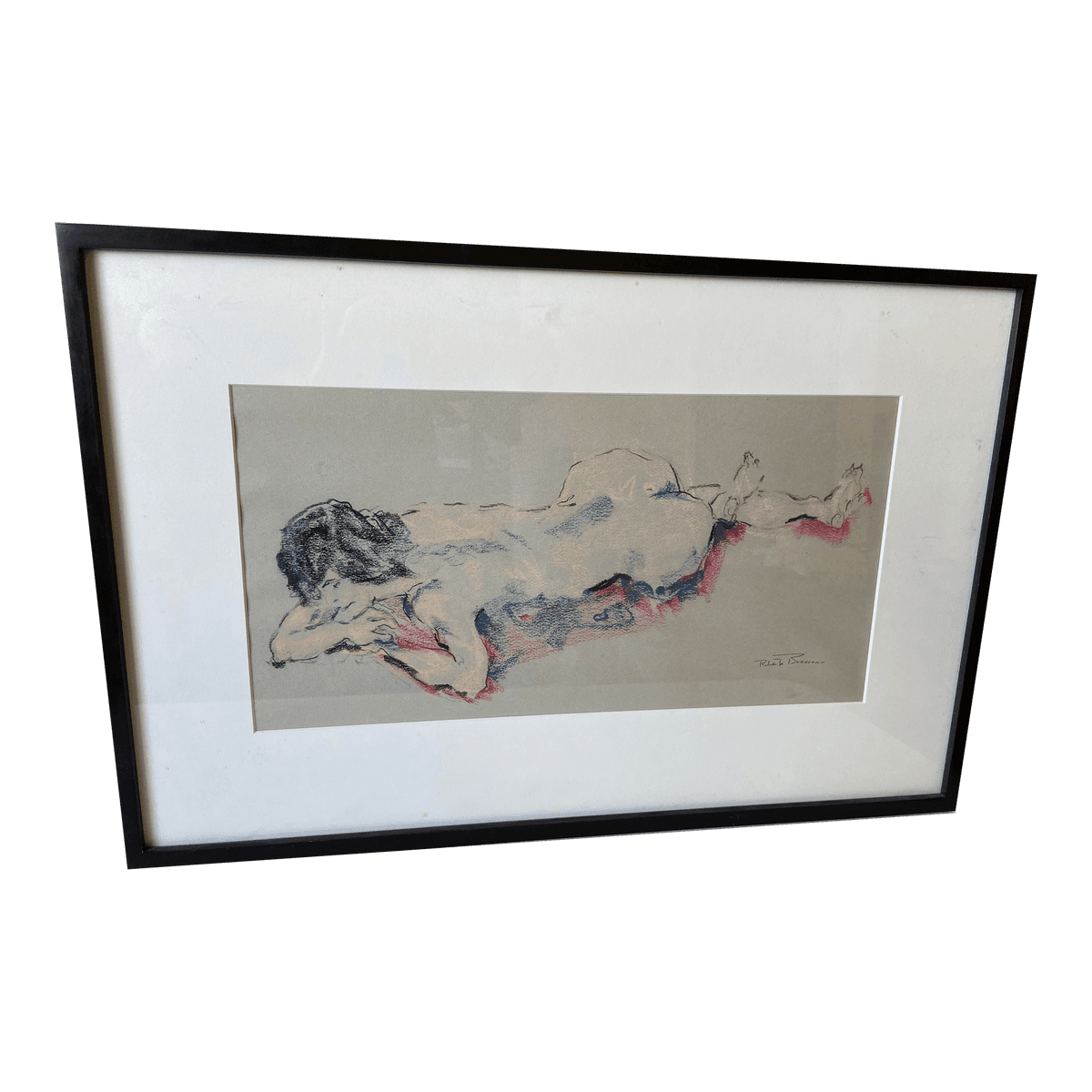 1990s Reclining Nude Mixed-Media Painting, Framed - Thumbnail 2
