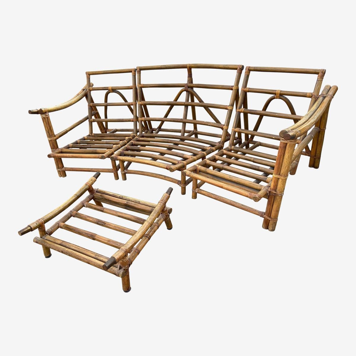 1970s Vintage Mid Century Modern Bamboo Rattan Sofa & Ottoman Frames - Image 1