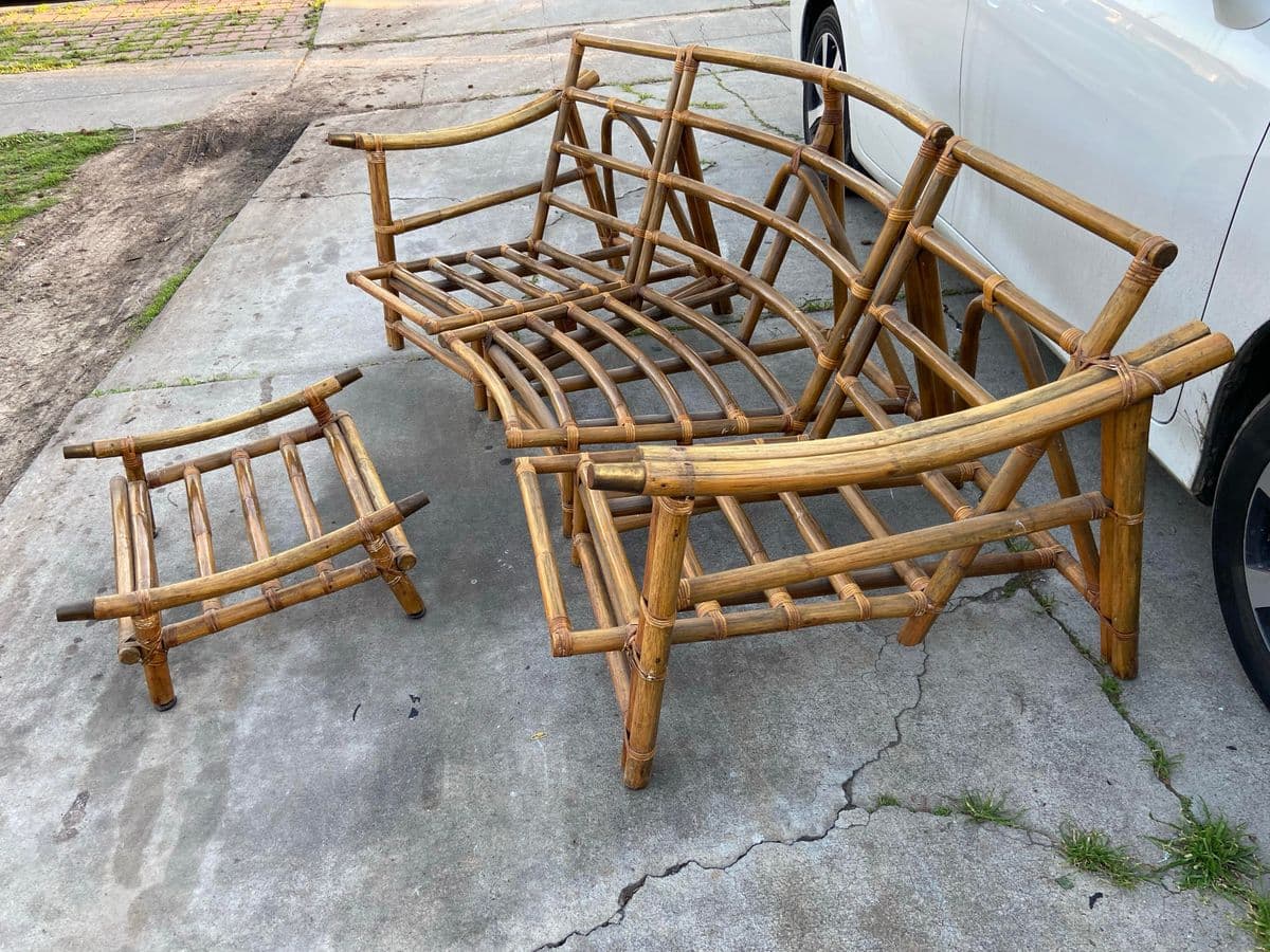 1970s Vintage Mid Century Modern Bamboo Rattan Sofa & Ottoman Frames - Thumbnail 4