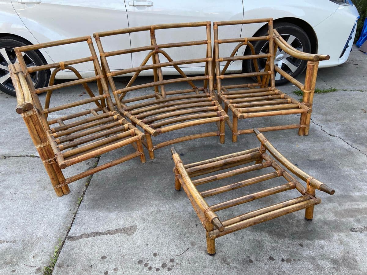 1970s Vintage Mid Century Modern Bamboo Rattan Sofa & Ottoman Frames - Thumbnail 6