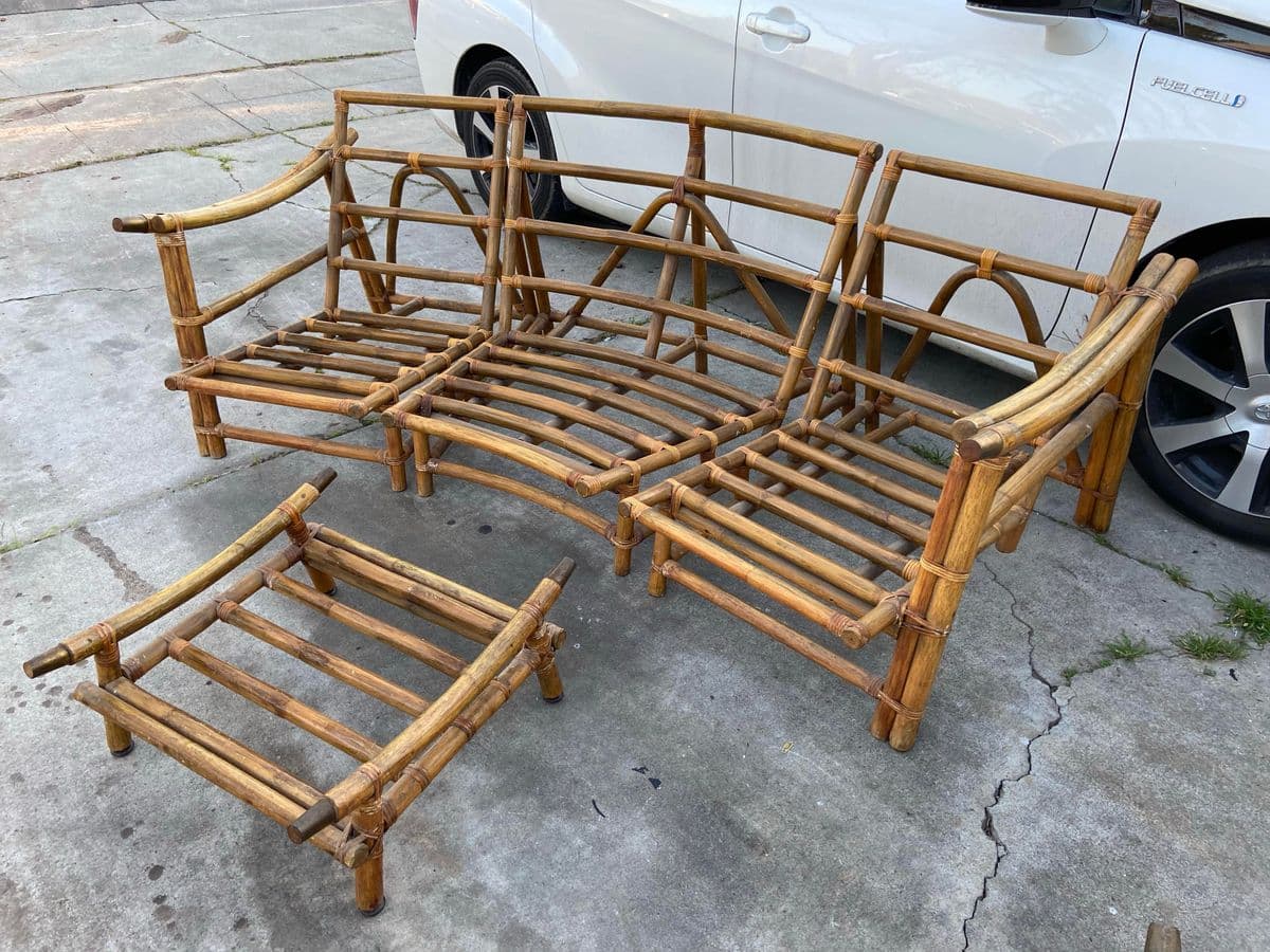 1970s Vintage Mid Century Modern Bamboo Rattan Sofa & Ottoman Frames - Thumbnail 7