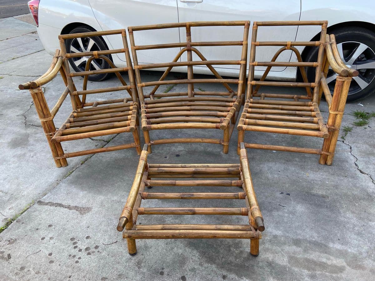 1970s Vintage Mid Century Modern Bamboo Rattan Sofa & Ottoman Frames - Thumbnail 9