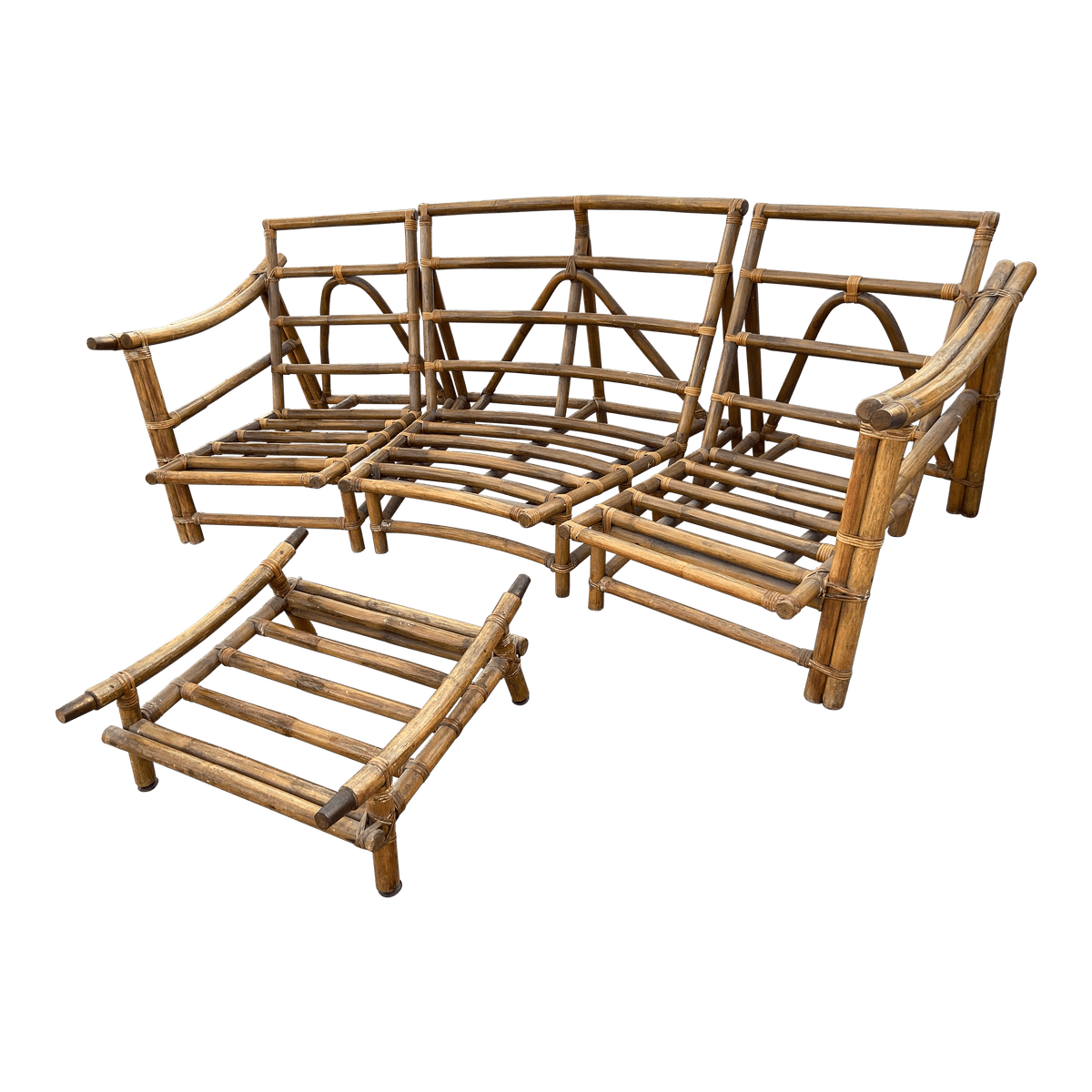 1970s Vintage Mid Century Modern Bamboo Rattan Sofa & Ottoman Frames - Thumbnail 13
