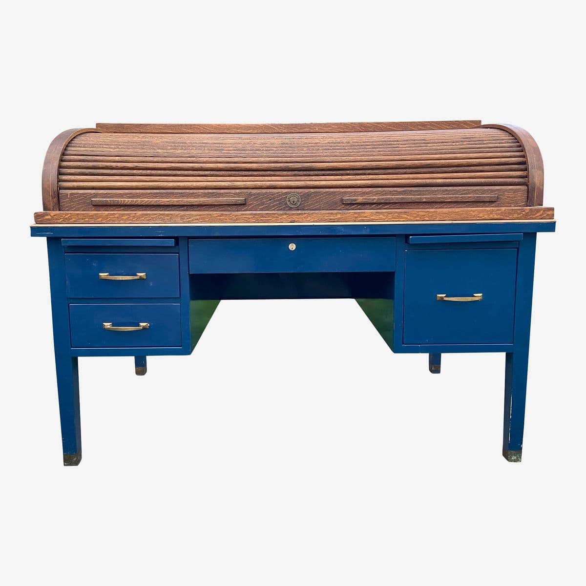 1920s Antique Tiger Oak Roll Top Metal Desk - Image 1