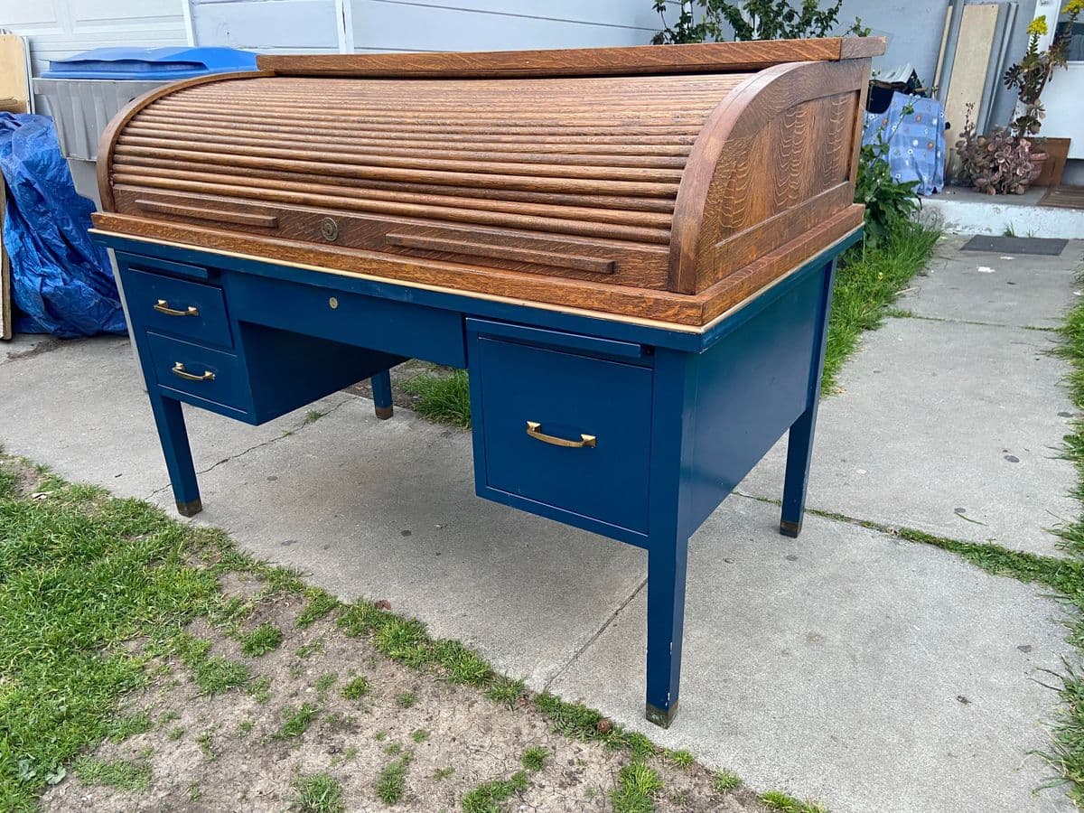 1920s Antique Tiger Oak Roll Top Metal Desk - Thumbnail 3