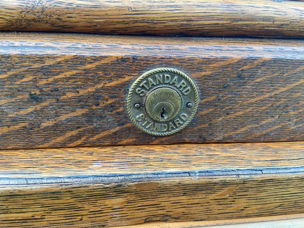 1920s Antique Tiger Oak Roll Top Metal Desk - Thumbnail 6