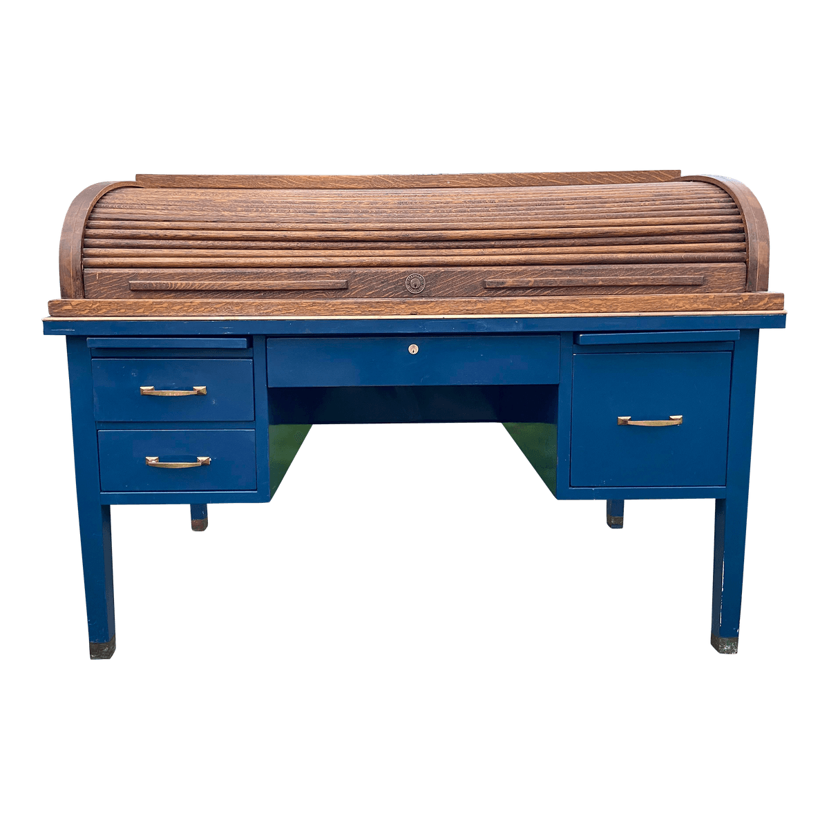 1920s Antique Tiger Oak Roll Top Metal Desk - Thumbnail 14