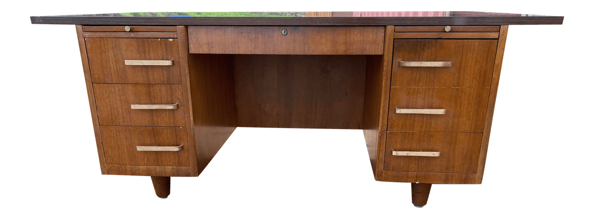Vintage Mid Century Modern Wooden Executive Desk Needs Restoration - Thumbnail 2