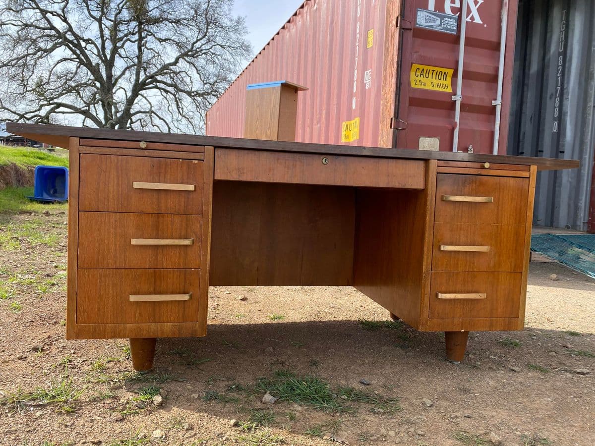Vintage Mid Century Modern Wooden Executive Desk Needs Restoration - Thumbnail 13