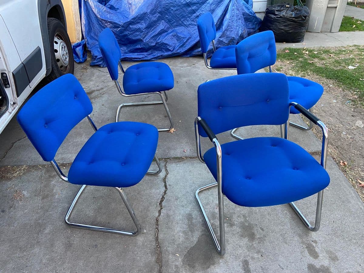 1980s Vintage Mid Century Modern Steelcase Cantilevered Upholstered Accent Chairs Set of 5 - Thumbnail 3