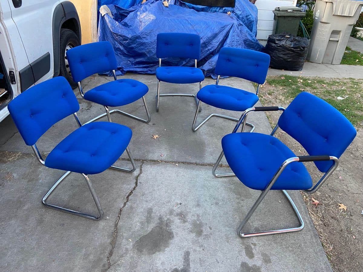 1980s Vintage Mid Century Modern Steelcase Cantilevered Upholstered Accent Chairs Set of 5 - Thumbnail 8