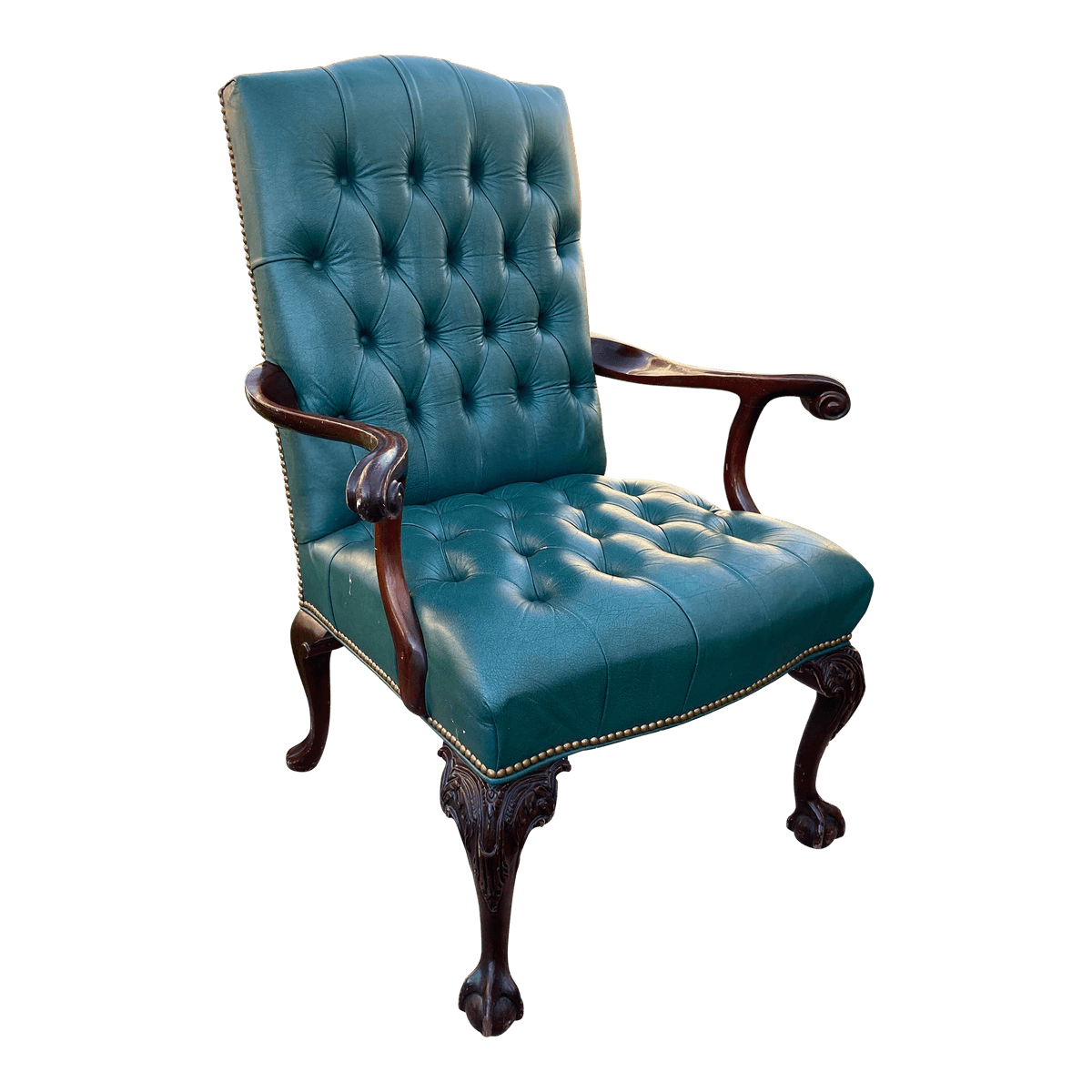 1970s Vintage Claw Foot Faux Leather High Back Arm Chair - Thumbnail 14